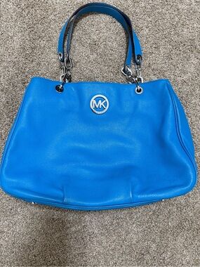 Michael Kors Bright Blue Pebbled Leather Shoulder Bag with Silver accents